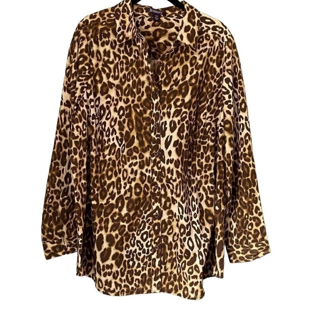 Roman women’s plus size cheetah, print, button-down blouse S/16 W ￼